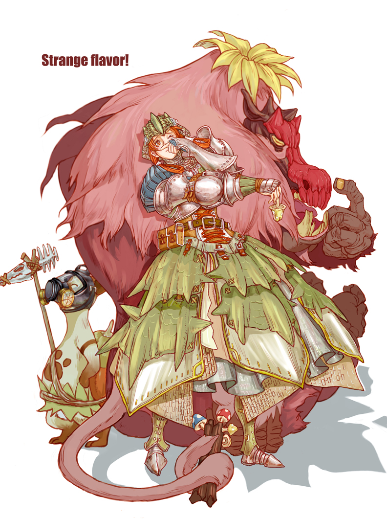 sanzhuangwangcat, congalala, felyne, capcom, monster hunter (series), 1girl, armor, armored dress, belt, dress, gas mask, log, mask, monster, mushroom, one eye closed, orange eyes, orange hair, rathian (armor), skull, staff, tail