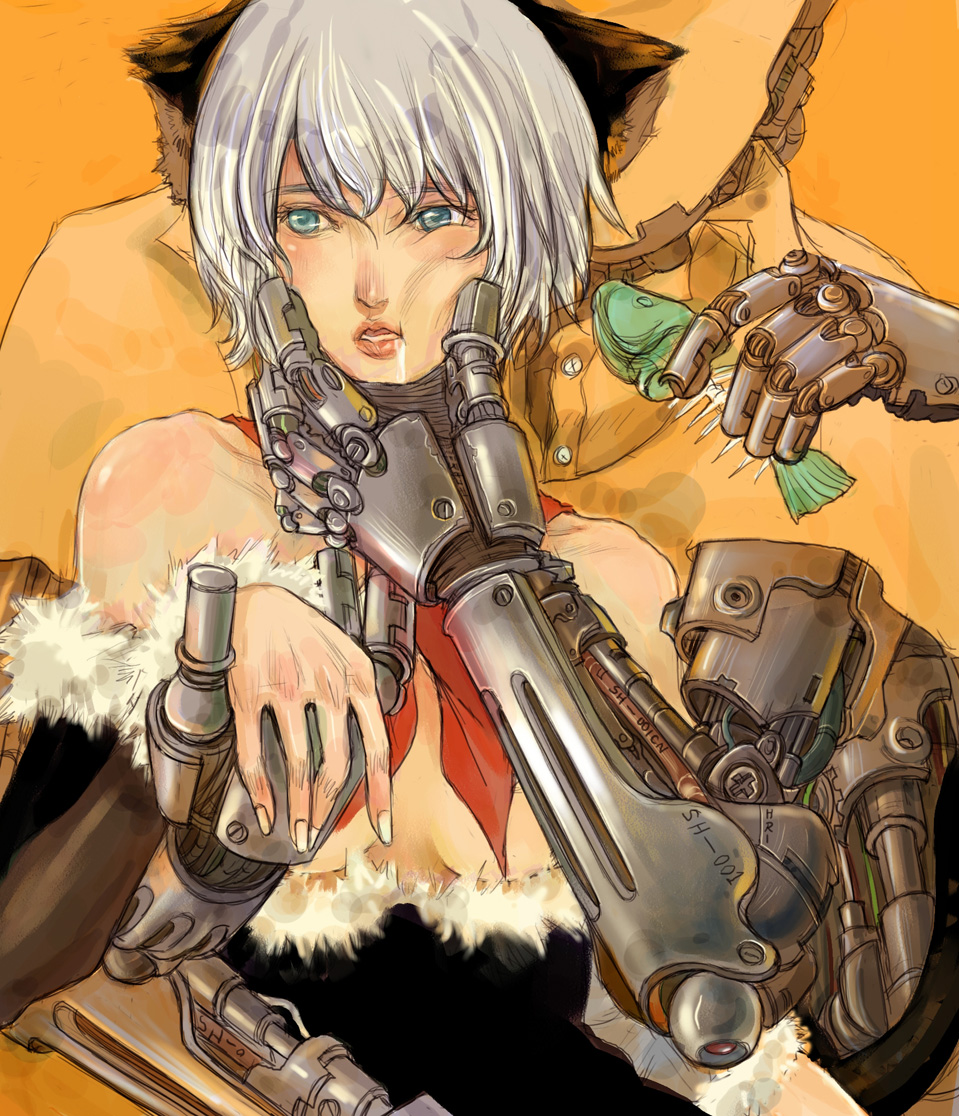 sanzhuangwangcat, original, silver hair, 1girl, android, animal ears, breasts, cat ears, elbow gloves, fish, gloves, saliva, short hair, small breasts