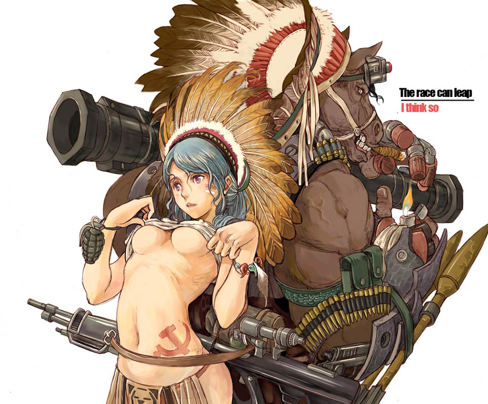 sanzhuangwangcat, original, 1girl, bandolier, belt, blue hair, breasts, bullet, cigar, english text, engrish text, explosive, grenade, gun, hammer and sickle, headdress, horse, indian headdress, lighter, m1 bazooka, midriff, missile, monster, native american headdress, ranguage, rifle, rocket launcher, tattoo, underboob, weapon