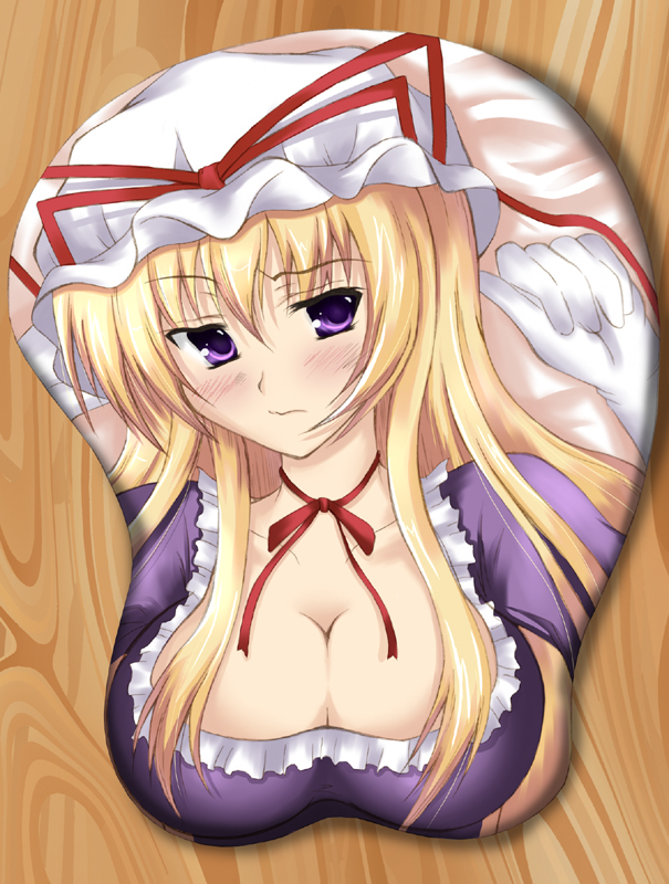 nozomi tsubame, yakumo yukari, touhou, 1girl, blonde hair, bonnet, breast mousepad, breasts, cleavage, female focus, hat, large breasts, mousepad (medium), solo, upper body