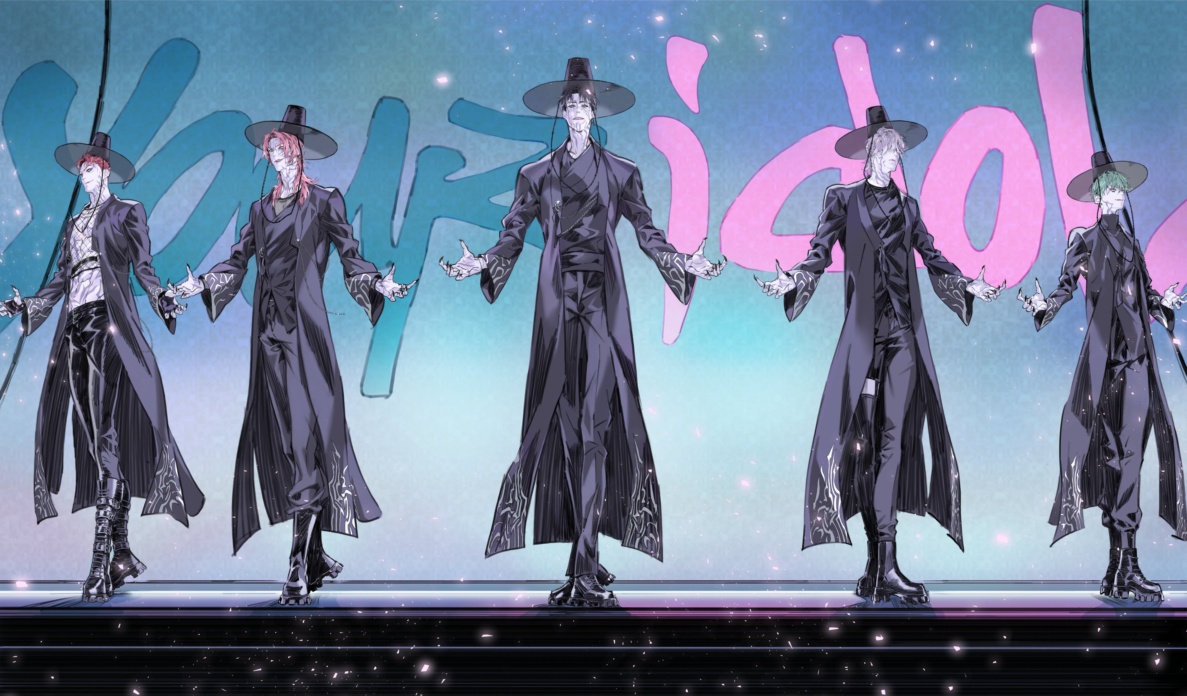 abby (kpop demon hunters), baby (kpop demon hunters), jinu (kpop demon hunters), mystery (kpop demon hunters), romance (kpop demon hunters), kpop demon hunters, absurdres, highres, 5boys, black boots, black coat, black hair, black hat, black pants, black shirt, body markings, boots, closed mouth, coat, demon boy, facial mark, fingernails, fishnet top, fishnets, full body, green hair, hair between eyes, hair over eyes, hat, long coat, long hair, male focus, multiple boys, multiple necklaces, outstretched arms, pants, parted bangs, parted lips, pink hair, sharp fingernails, shirt, short hair, smile, turtleneck, wide brim, worldsound77, yellow eyes