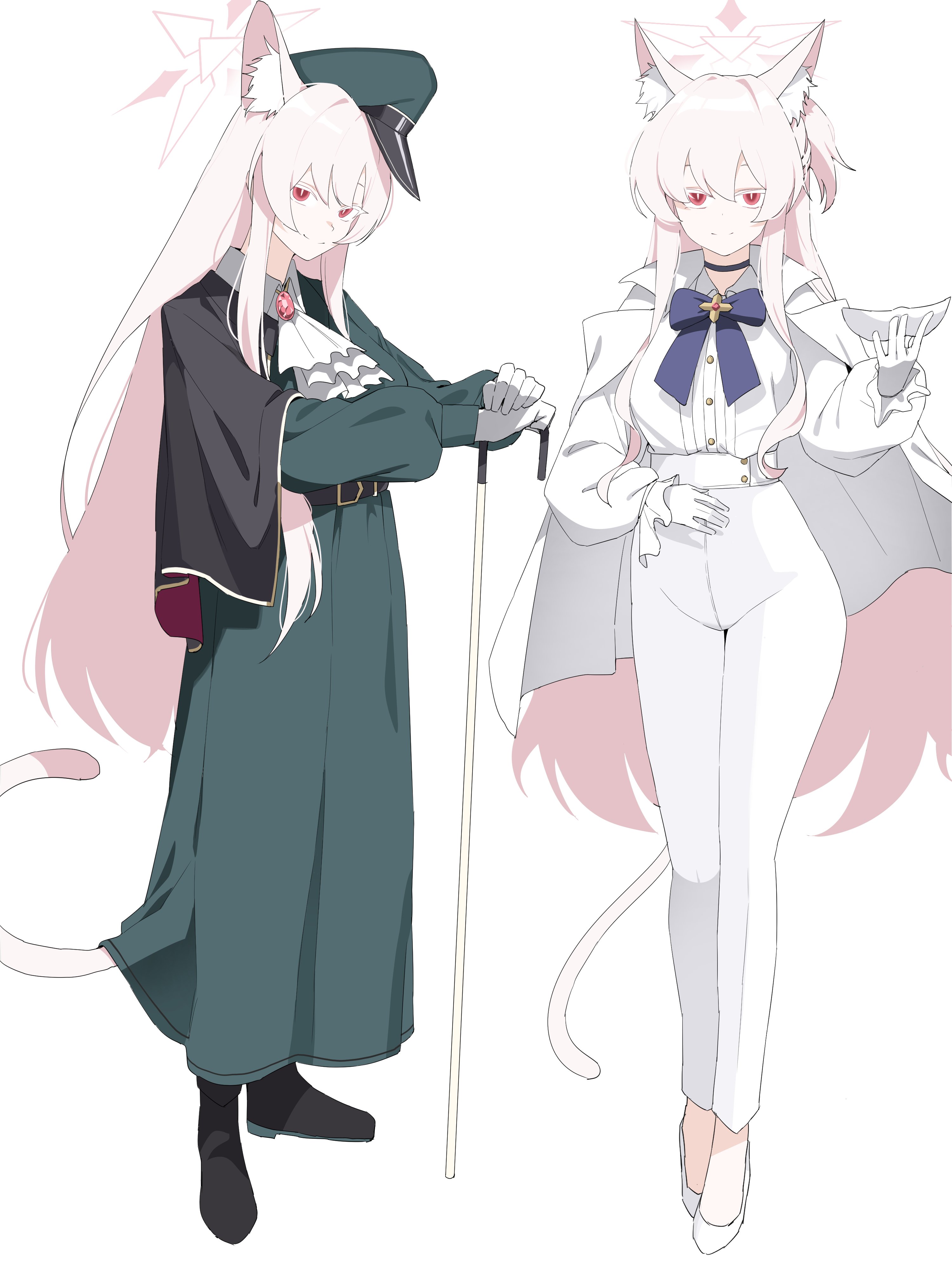 plentyofempty, akira (blue archive), akira (miria) (blue archive), blue archive, absurdres, highres, 1girl, animal ear fluff, animal ears, ascot, black capelet, black shoes, blue bow, bow, breasts, brooch, cane, cape, capelet, cat ears, cat girl, cat tail, closed mouth, colored eyelashes, double-parted bangs, dress, eye mask, full body, gem, gloves, green dress, green hat, hair between eyes, halo, hand on cane, hat, high-waist pants, holding, holding mask, jewelry, long hair, long sleeves, looking at viewer, mask, multiple views, official alternate costume, pants, peaked cap, pink gemstone, pink hair, pink halo, red eyes, shirt, shoes, simple background, smile, split mouth, tail, unworn mask, white ascot, white background, white cape, white eyelashes, white gloves, white pants, white shirt, white shoes