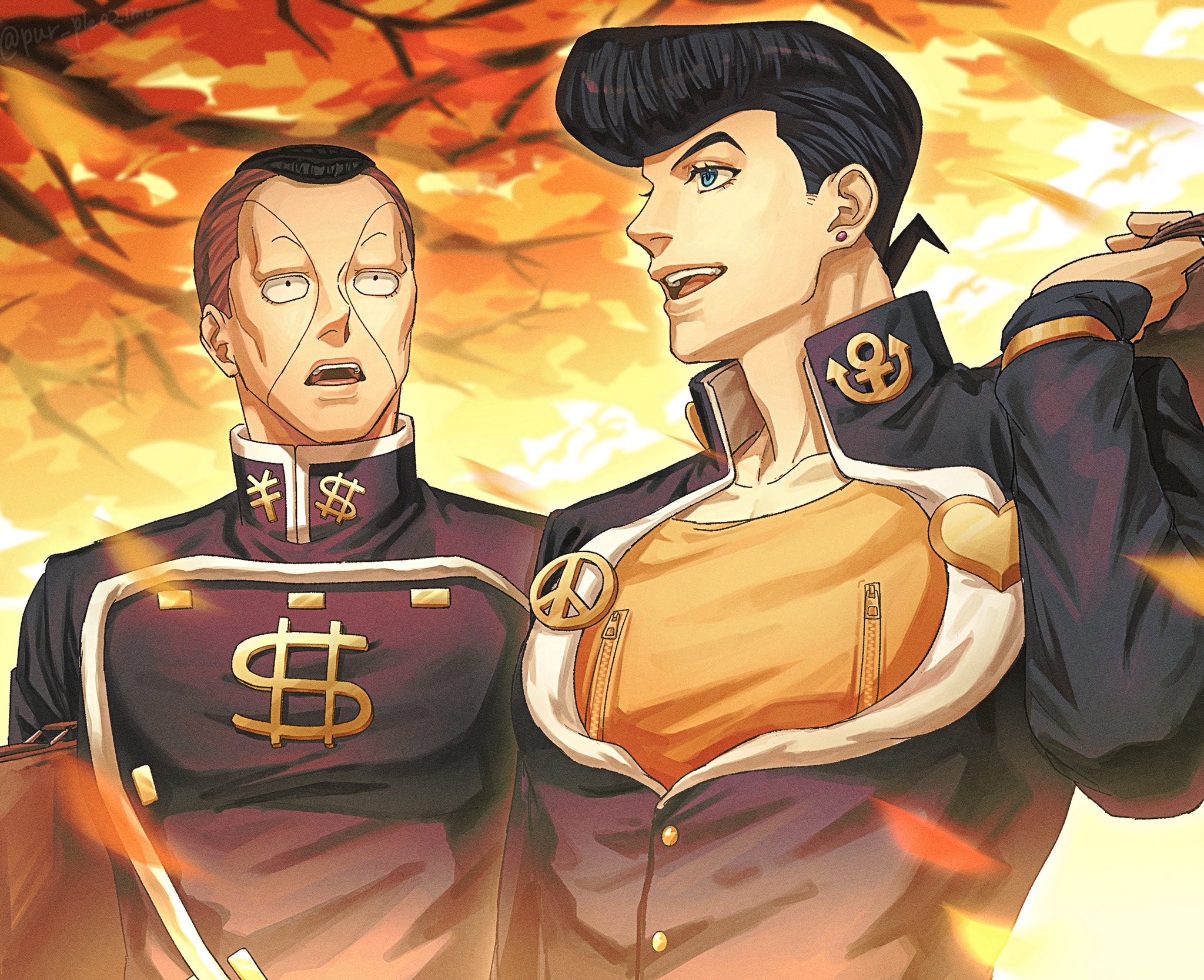higashikata josuke, nijimura okuyasu, diamond wa kudakenai, jojo no kimyou na bouken, commentary, highres, symbol-only commentary, 2boys, anchor ornament, autumn, autumn leaves, bag, black hair, blue eyes, brooch, brown hair, dollar sign, earrings, facial mark, gakuran, heart, heart brooch, high collar, holding, holding bag, jacket, jewelry, leaf, male focus, multicolored hair, multiple boys, open mouth, outdoors, paper bag, peace symbol, pompadour, pur ple02imo, school bag, school uniform, shirt, smile, stud earrings, tree, two-tone hair, upper body, yellow shirt, zipper