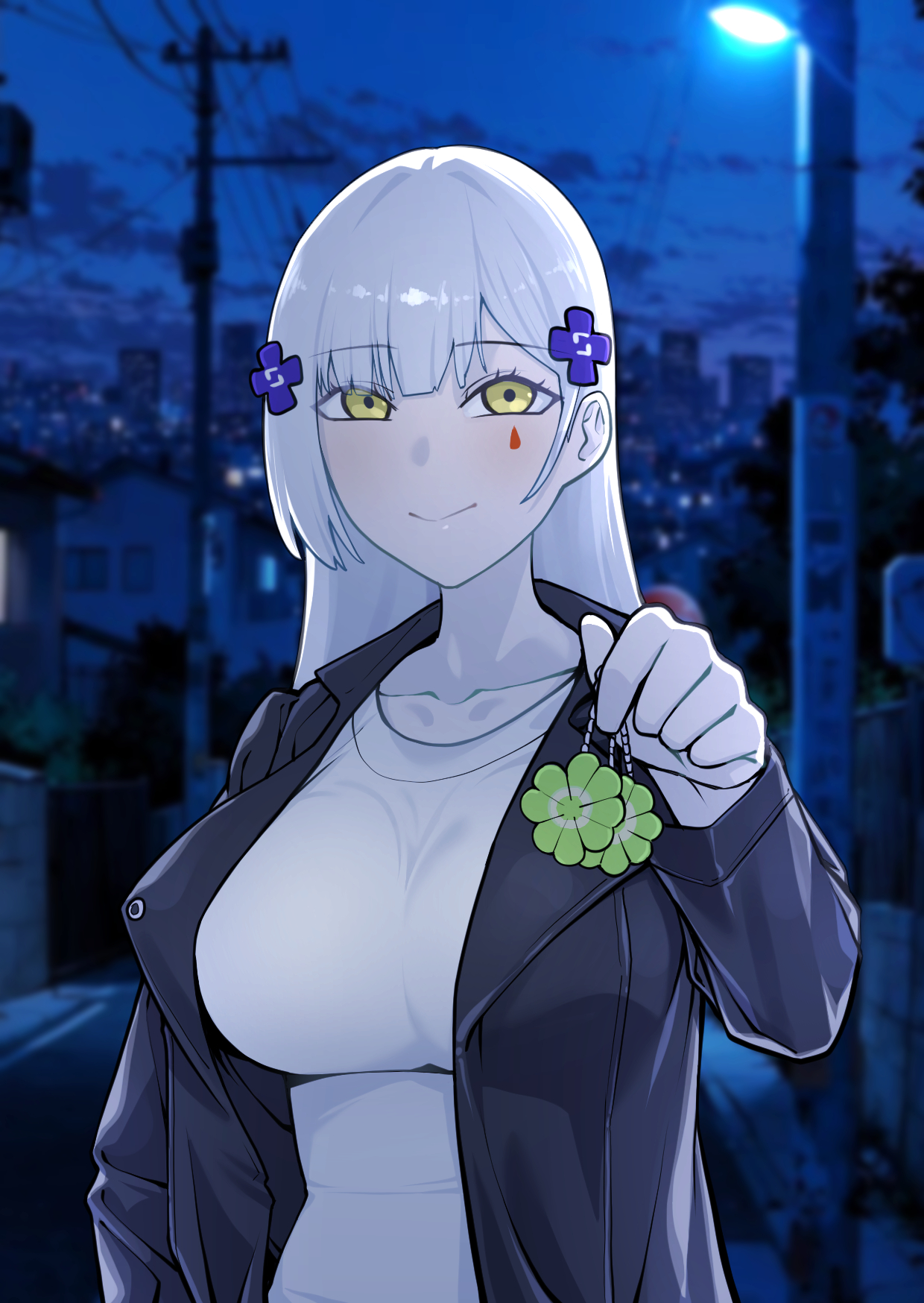 doya (qkrdbseh1205), hk416 (girls' frontline), klukai (girls' frontline 2), girls' frontline, girls' frontline 2: exilium, commentary request, highres, korean commentary, 1girl, alternate costume, black jacket, blurry, blurry background, closed mouth, collarbone, cross hair ornament, foreshortening, hair ornament, holding, impossible clothes, impossible shirt, jacket, long hair, looking at viewer, night, night sky, open clothes, open jacket, outdoors, shirt, sky, smile, solo, tattoo, teardrop facial mark, teardrop tattoo, upper body, white hair, white shirt, yellow eyes