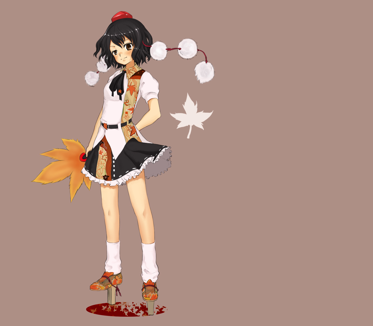 tokiwakinya, shameimaru aya, touhou, 1girl, black hair, blush, brown eyes, female focus, geta, hand fan, hat, legs, looking at viewer, loose socks, short hair, skirt, socks, solo, tengu-geta, tokin hat