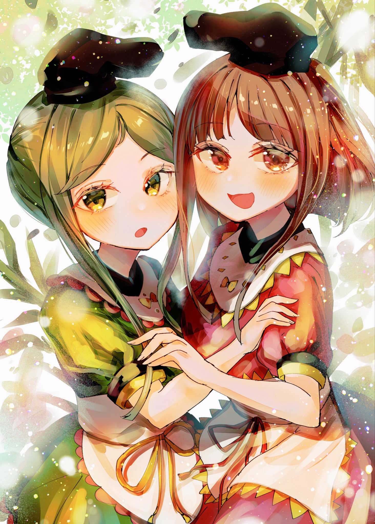 itsumizu, nishida satono, teireida mai, touhou, highres, 2girls, apron, back bow, black bow, black hat, blush, bow, breasts, brown hair, buttons, cowboy shot, dress, fingernails, green dress, green hair, hat, looking at viewer, medium breasts, multiple girls, myouga (plant), open mouth, parted bangs, pink dress, pink eyes, puffy short sleeves, puffy sleeves, red ribbon, ribbon, short hair with long locks, short sleeves, smile, standing, white apron, white background, yellow bow, yellow eyes, yellow ribbon