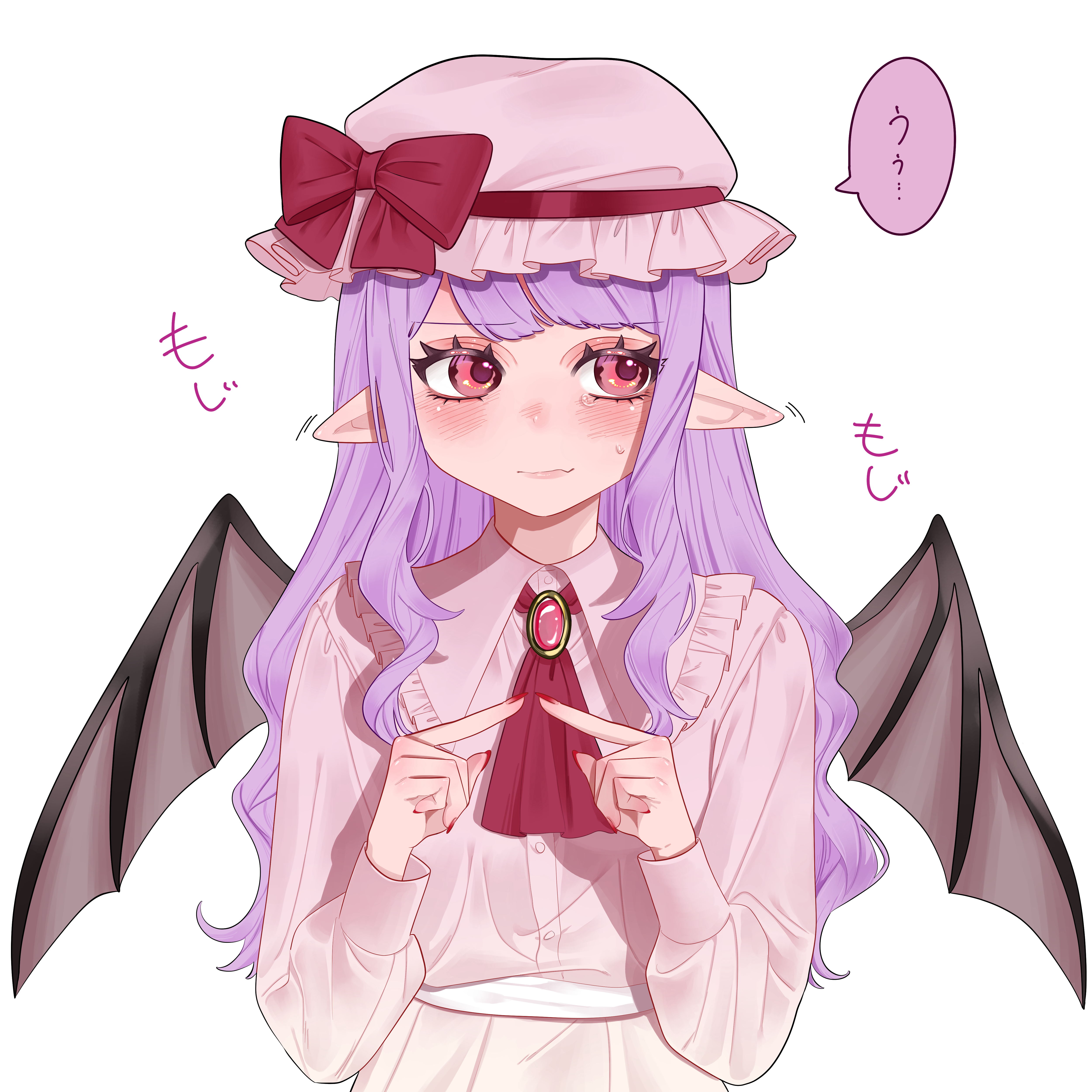 remilia scarlet, touhou, absurdres, commentary request, highres, partial commentary, translation request, 1girl, alternate hair length, alternate hairstyle, ascot, averting eyes, bat wings, blush, bow, brooch, fang, fingernails, frilled hat, frilled sailor collar, frills, hat, hat bow, index fingers together, jewelry, long hair, long sleeves, mnju dayo, mob cap, nail polish, pink hat, pink shirt, pink skirt, pointy ears, purple hair, red ascot, red bow, red eyes, sailor collar, shirt, simple background, skin fang, skirt, solo, speech bubble, straight hair, sweatdrop, upper body, white background, wings