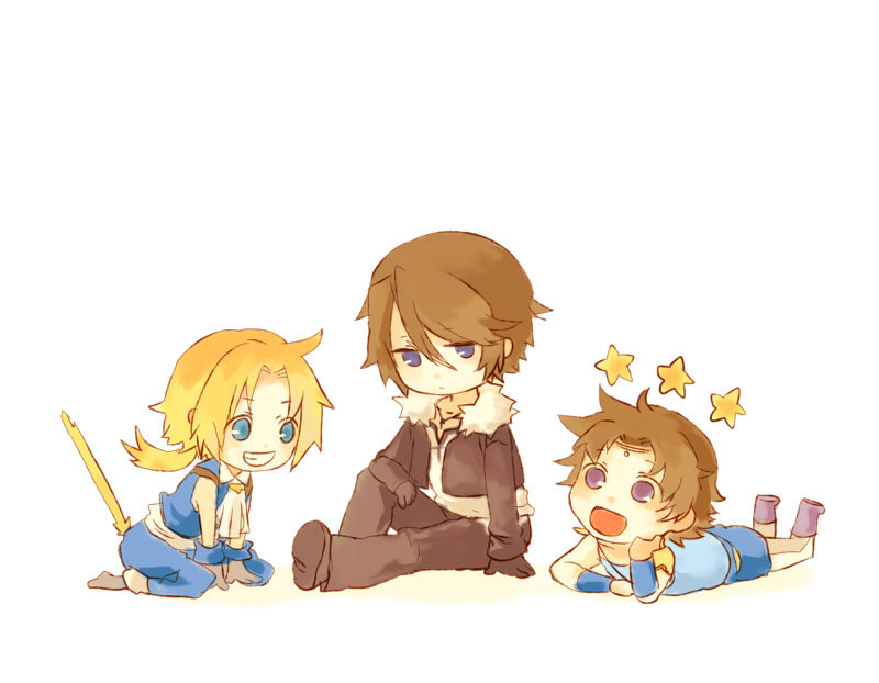 chaba (hortensia), bartz klauser, squall leonhart, zidane tribal, dissidia final fantasy, final fantasy, final fantasy ix, final fantasy v, final fantasy viii, bad id, bad pixiv id, 00s, 1990s (style), 3boys, chibi, child, male focus, multiple boys, retro artstyle, white background