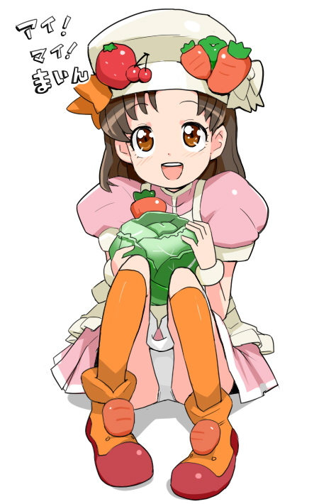 tamagoroo, hiiragi mine, cooking idol ai! mai! main!, bad id, bad pixiv id, 1girl, blush, brown eyes, brown hair, female focus, happy, hat, panties, pantyshot, socks, solo, underwear, white panties