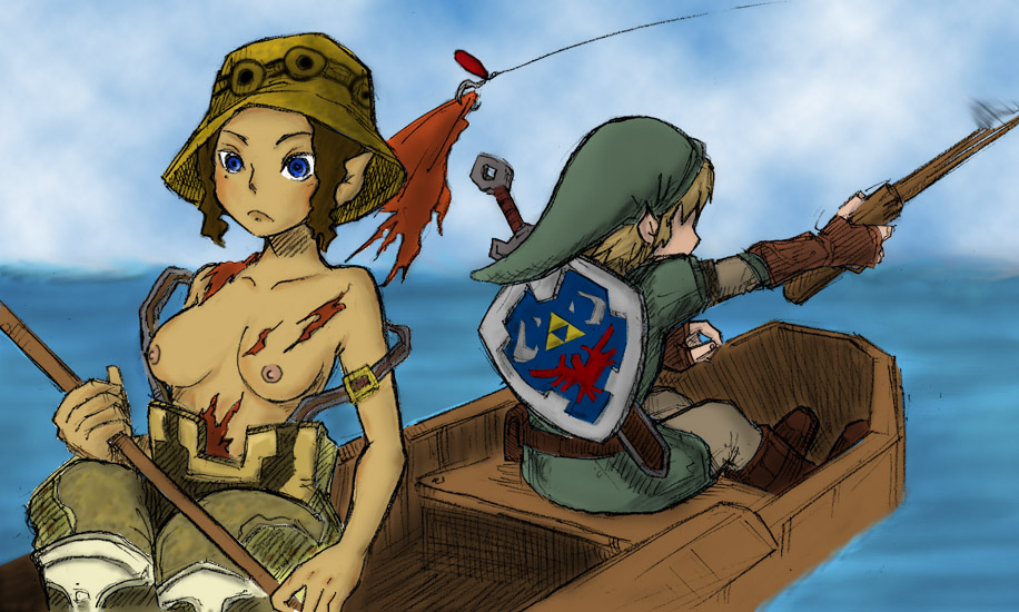 eggycomics, hena (zelda), link, nintendo, the legend of zelda, colorized, 1boy, 1girl, blonde hair, blue eyes, boat, breasts, dark-skinned female, dark skin, embarrassed, fishing rod, hat, hylian shield, lure, medium breasts, nipples, pointy ears, shield, shield on back, sword, torn clothes, wardrobe malfunction, watercraft, weapon