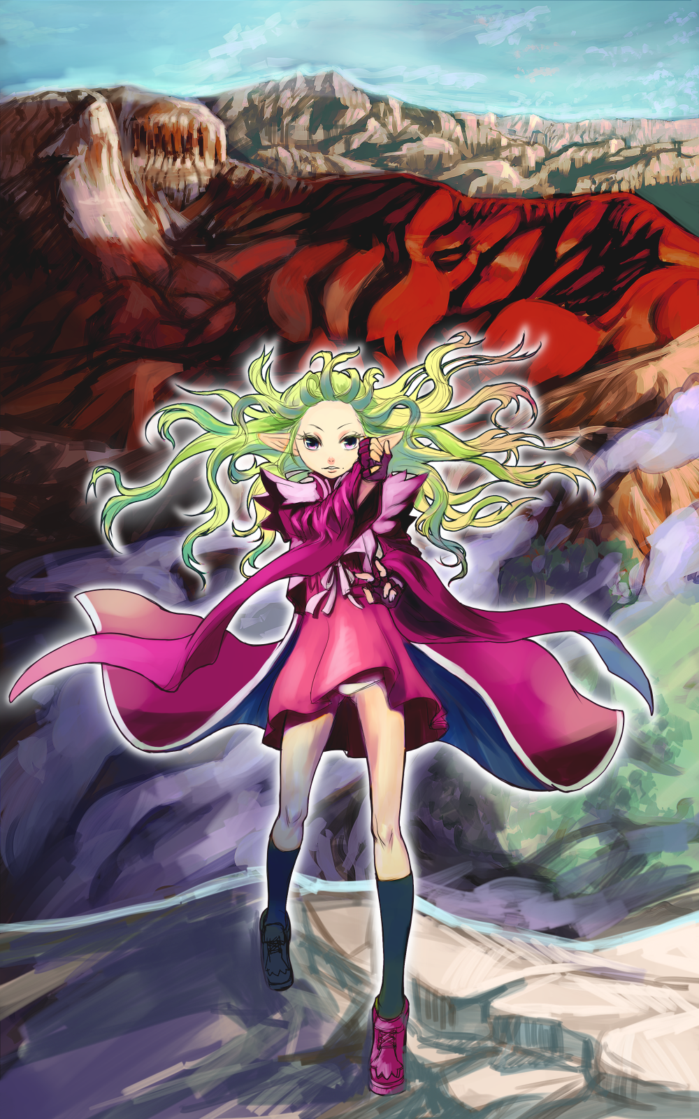 kansou samehada, bad id, bad pixiv id, highres, day, fingerless gloves, gloves, green hair, long hair, mole, mountain, panties, pantyshot, pink eyes, pointy ears, solo, underwear, wind