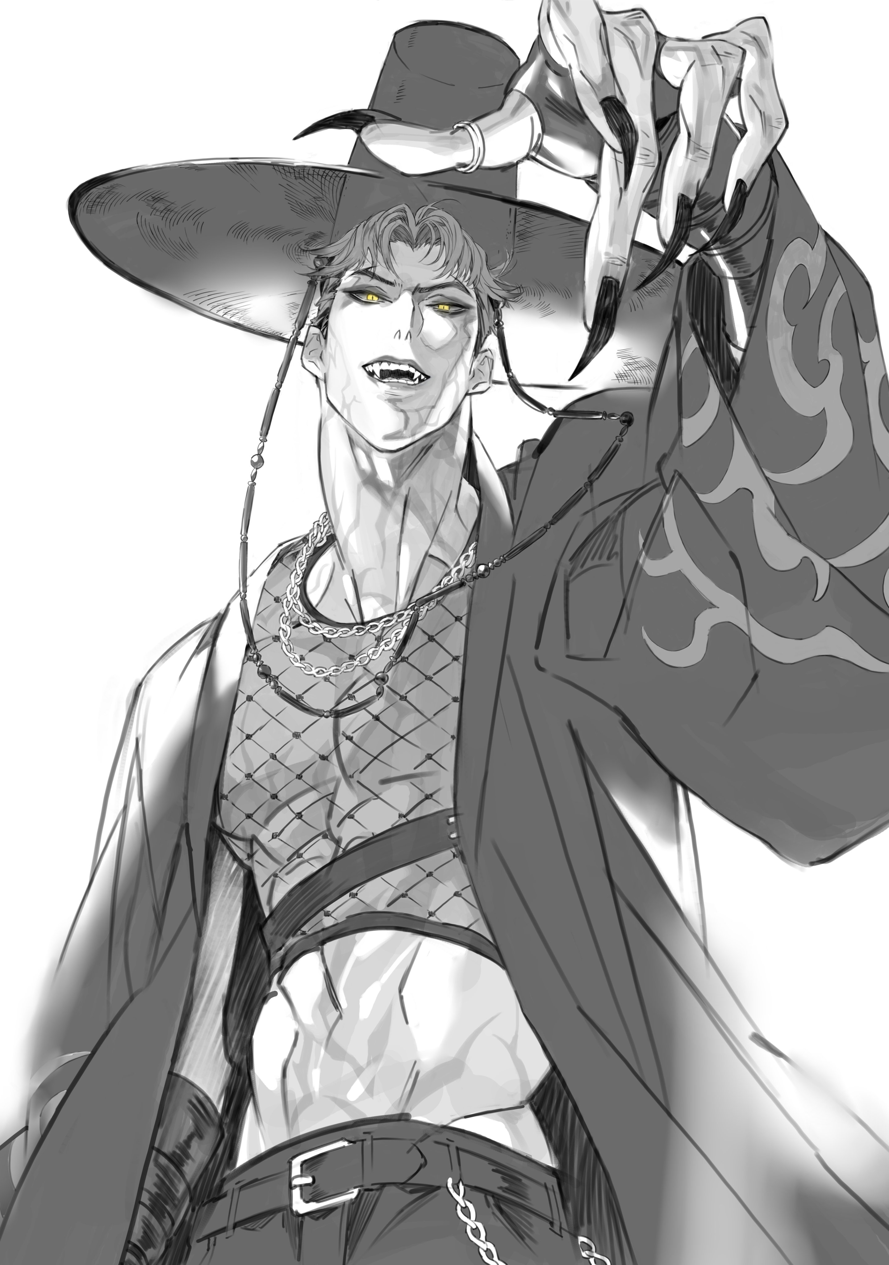 abby (kpop demon hunters), kpop demon hunters, absurdres, highres, 1boy, abs, belt buckle, black coat, black hat, black nails, black pants, body markings, buckle, chain, chain necklace, claws, coat, crop top, demon boy, facial mark, fangs, fingerless gloves, fingernails, fishnet top, fishnets, furrowed brow, gloves, hat, jewelry, long fingernails, looking at viewer, male focus, midriff, multiple necklaces, muscular, muscular male, necklace, open mouth, pants, parted bangs, sharp fingernails, short hair, solo, spot color, upper body, white background, wide brim, worldsound77, yellow eyes