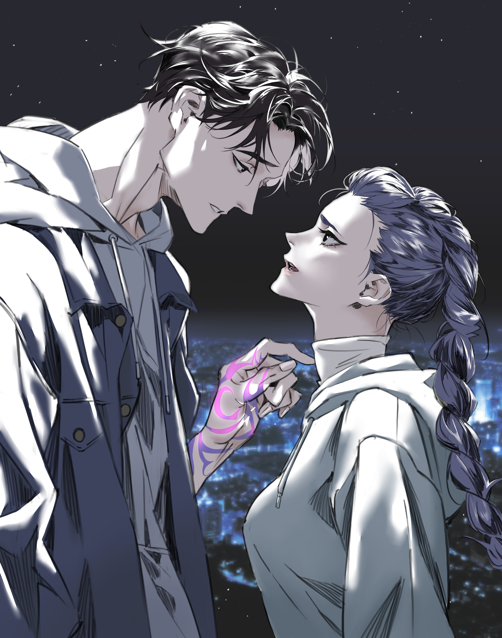 jinu (kpop demon hunters), rumi (kpop demon hunters), kpop demon hunters, highres, 1boy, 1girl, black hair, body markings, braid, breasts, city lights, couple, grey jacket, hetero, hood, hood down, hoodie, jacket, jacket over hoodie, long hair, looking at viewer, medium breasts, night, night sky, parted bangs, parted lips, purple hair, shirt, short hair, single braid, sky, turtleneck, upper body, white hoodie, white shirt, worldsound77