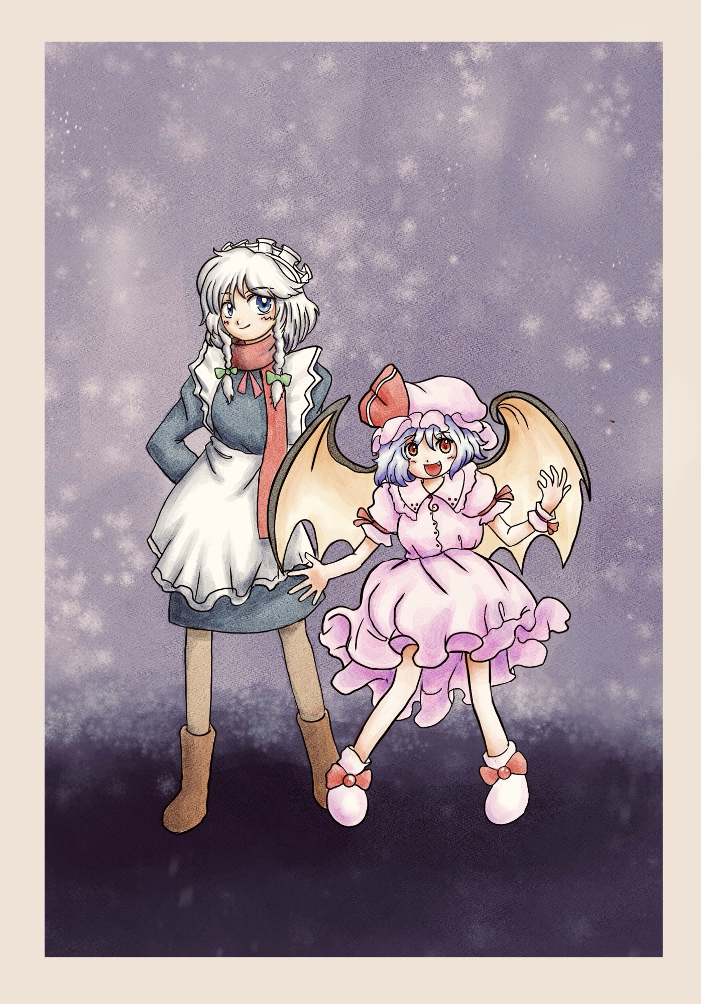 karasutomo, izayoi sakuya, remilia scarlet, touhou, highres, 2girls, apron, arm behind back, bat wings, blue eyes, blue hair, boots, border, bow, braid, brown boots, dress, green bow, grey hair, hat, hat ribbon, long scarf, maid, maid apron, maid headdress, mob cap, multiple girls, open mouth, pink hat, puffy short sleeves, puffy sleeves, red eyes, red scarf, ribbon, scarf, short hair, short sleeves, smile, snow, snowing, twin braids, waist apron, white border, wings, wrist cuffs, zun (style)
