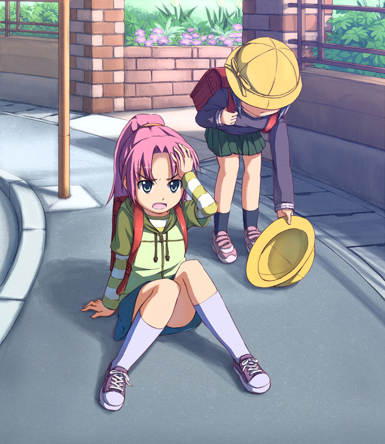 beidan, character request, copyright request, 2girls, angry, backpack, bag, child, fallen down, hat, helmet, kindergarten, multiple girls, outdoors, pink hair, randoseru, road, school hat, skirt, socks