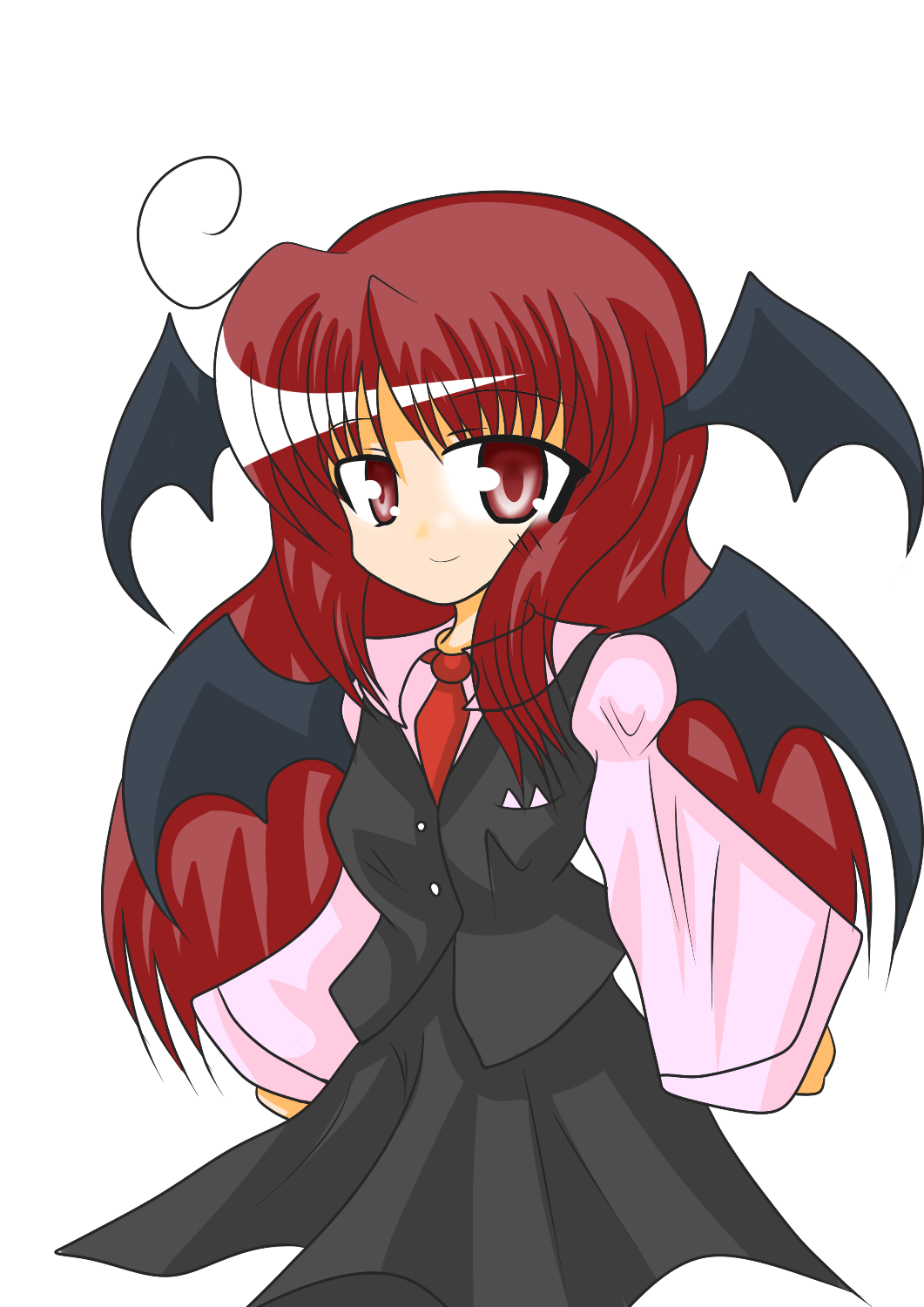 gensouyakyuu, gensouyakyuu (pixiv240189), koakuma, embodiment of scarlet devil, touhou, bad id, bad pixiv id, highres, 1girl, bad anatomy, female focus, head wings, poorly drawn, red eyes, red hair, smile, solo, transparent background, wings
