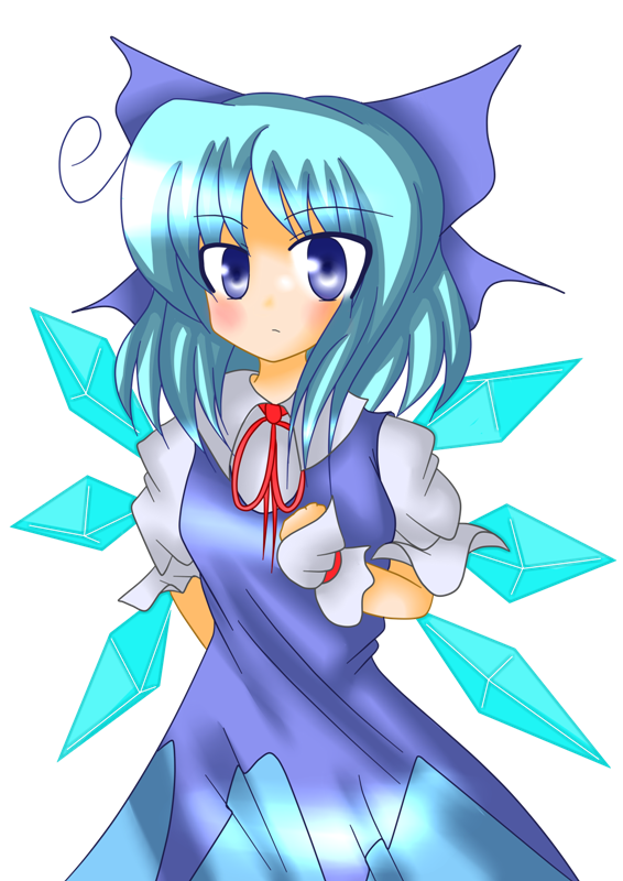 gensouyakyuu, gensouyakyuu (pixiv240189), cirno, touhou, bad id, bad pixiv id, 1girl, bad anatomy, blue eyes, blue hair, blush, female focus, matching hair/eyes, poorly drawn, ribbon, short hair, solo, transparent background, wings