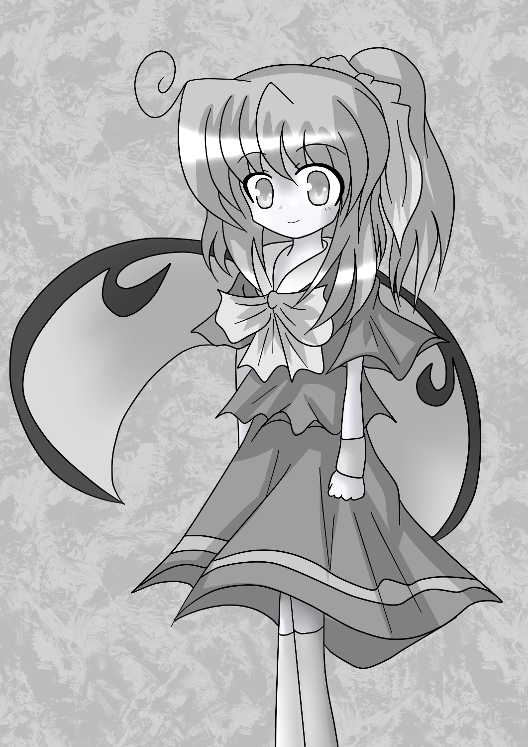gensouyakyuu, gensouyakyuu (pixiv240189), daiyousei, embodiment of scarlet devil, touhou, bad id, bad pixiv id, highres, 1girl, bad anatomy, female focus, greyscale, hair ribbon, monochrome, poorly drawn, ribbon, short hair, smile, solo, wings