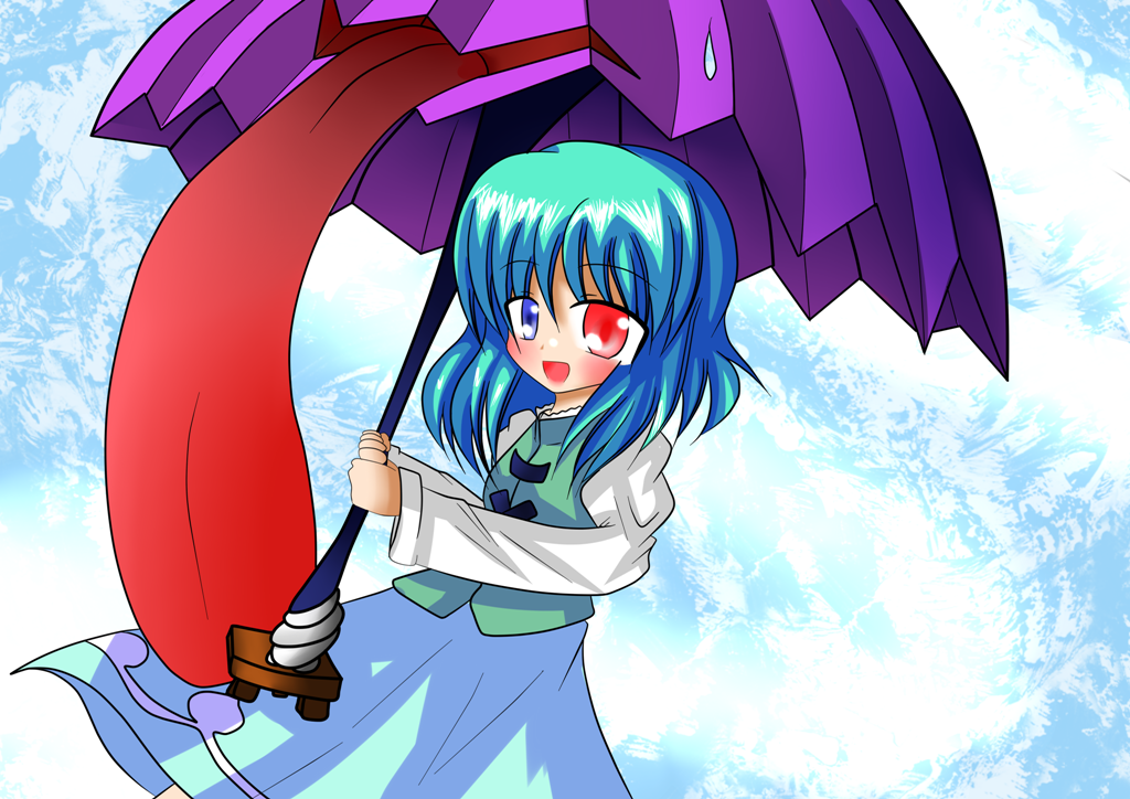 gensouyakyuu, gensouyakyuu (pixiv240189), tatara kogasa, touhou, 1girl, bad anatomy, blue eyes, blue hair, blush, female focus, heterochromia, karakasa obake, matching hair/eyes, open mouth, poorly drawn, red eyes, short hair, solo, tongue, umbrella