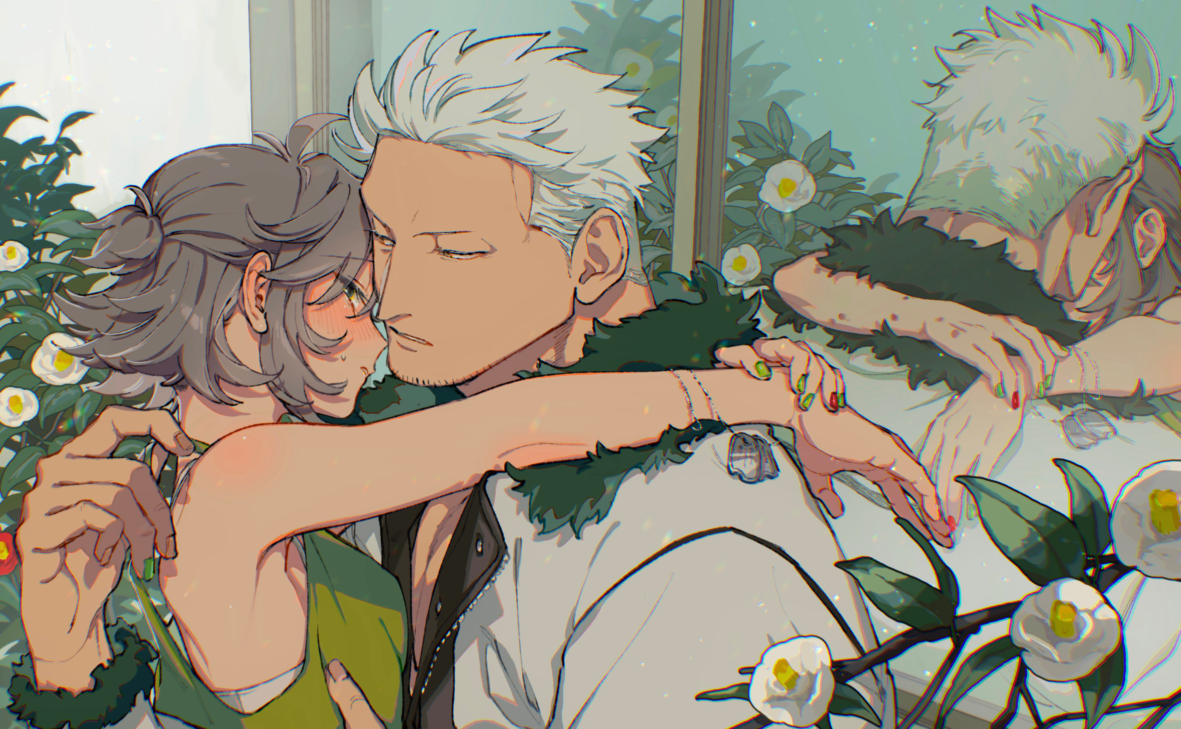 kabane (rjev8385), smoker (one piece), one piece, original, absurdres, commentary request, highres, 1boy, 1girl, antenna hair, arms around neck, bare shoulders, bra, bra peek, bracelet, branch, breasts, cigarette burn, clothes tug, couple, dog tags, embarrassed, facial hair, flower, fur-trimmed jacket, fur trim, goatee stubble, green nails, green tank top, grey hair, half-closed eyes, hetero, hug, jacket, jewelry, light particles, long sleeves, looking at another, looking at viewer, medium breasts, misleading reflection, multicolored nails, no shirt, oc x canon, open clothes, open jacket, parted lips, ponytail, red nails, short hair, short ponytail, sideways glance, small sweatdrop, stubble, tank top, two-tone nails, underwear, upper body, white bra, white flower, white hair, white jacket, window, zipper
