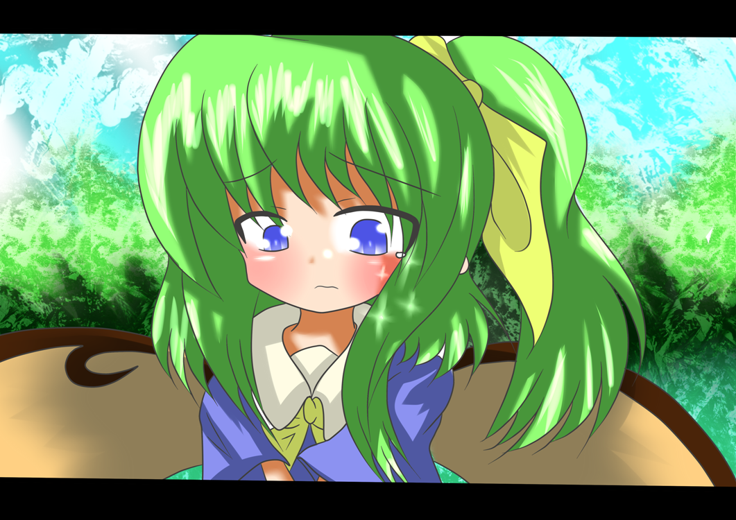 gensouyakyuu, gensouyakyuu (pixiv240189), daiyousei, embodiment of scarlet devil, touhou, 1girl, bad anatomy, blue eyes, female focus, frown, green hair, hair ribbon, letterboxed, poorly drawn, ribbon, solo, tears, wings