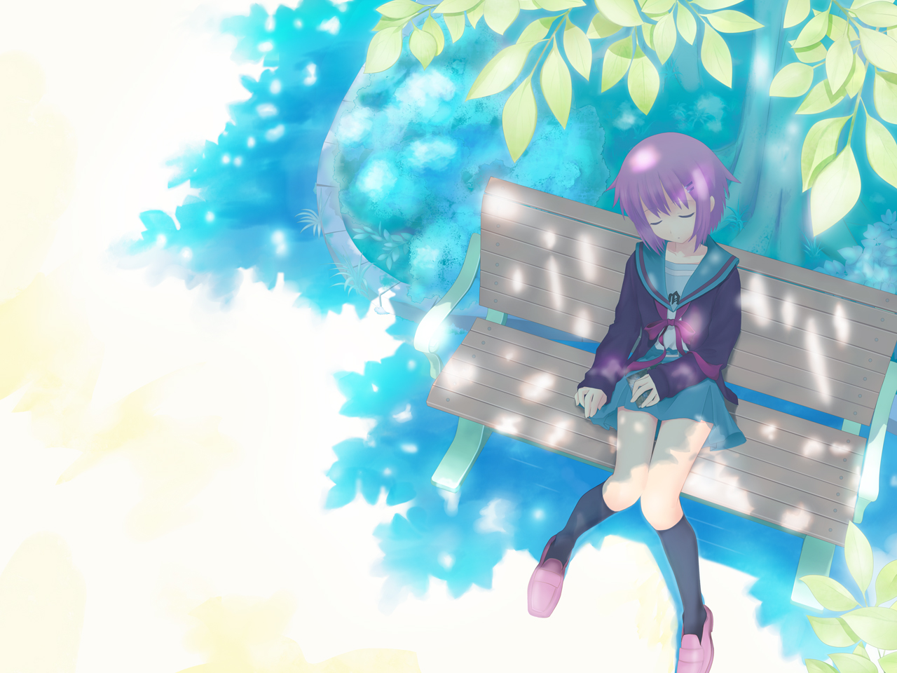 walkalone, nagato yuki, suzumiya haruhi no yuuutsu, 00s, 1girl, bench, black socks, cardigan, closed eyes, female focus, from above, hair ornament, hairclip, kneehighs, knees together feet apart, outdoors, purple hair, school uniform, serafuku, shade, short hair, sitting, sleeping, socks, solo, thigh gap, tree shade