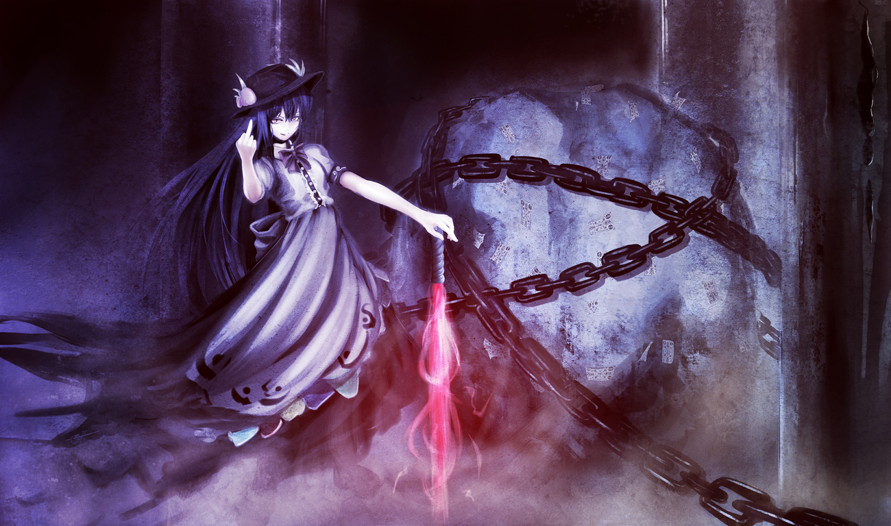 walkalone, hinanawi tenshi, touhou, 1girl, black hair, chain, dress, female focus, hat, long hair, middle finger, solo, sword, sword of hisou, weapon