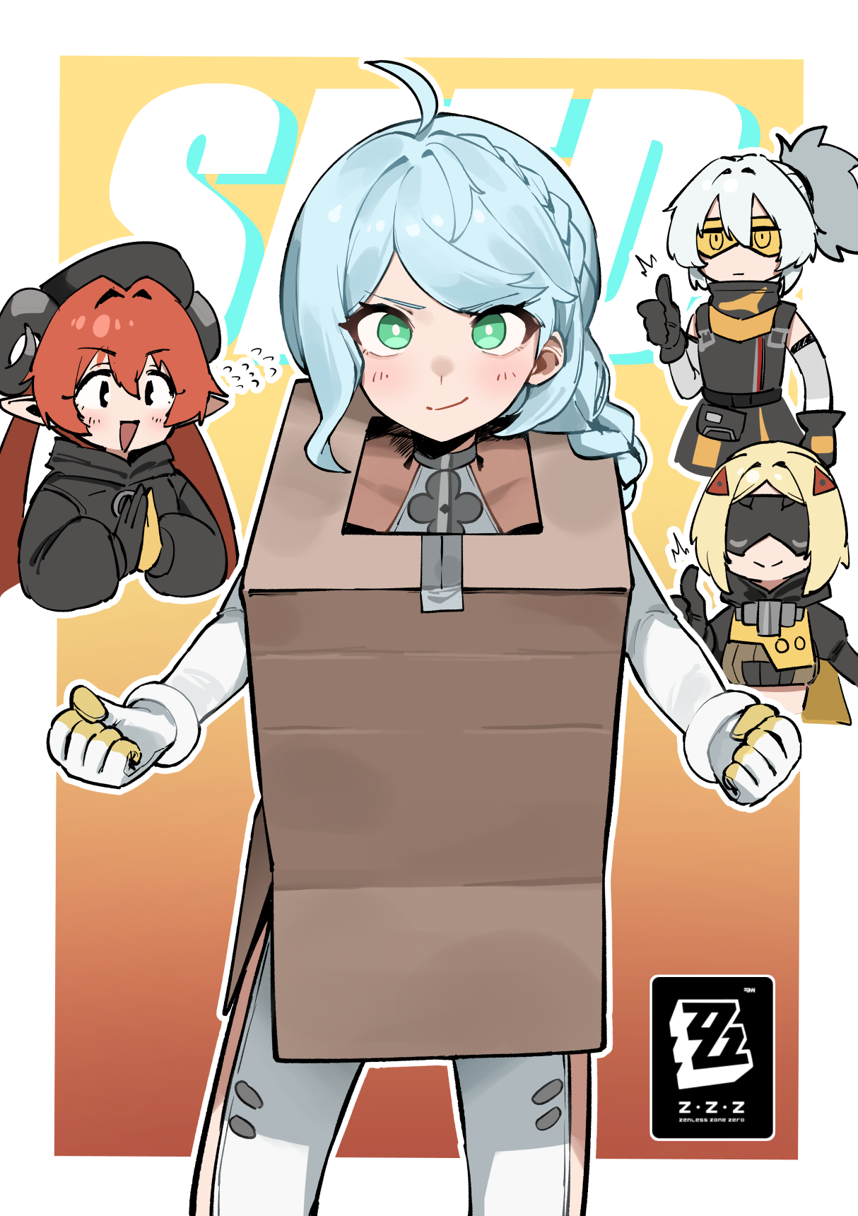 flasso, cardboard box gundam, orphie magnusson, seed (zenless zone zero), soldier 11 (zenless zone zero), trigger (zenless zone zero), gundam, zenless zone zero, commentary request, highres, 4girls, ahoge, aqua eyes, aqua hair, black gloves, blindfold mask, blonde hair, blue hair, box, braid, cardboard box, clapping, copyright logo, copyright name, dragon horns, duct tape, fighting stance, gloves, goggles, hair between eyes, hair ornament, half up braid, hood, hoodie, horns, logo, long hair, looking at viewer, mask, multiple girls, open mouth, orange eyes, orange hair, pointy ears, ponytail, short hair, sidelocks, single glove, thumbs up, tinted eyewear, triangle hair ornament, white hair