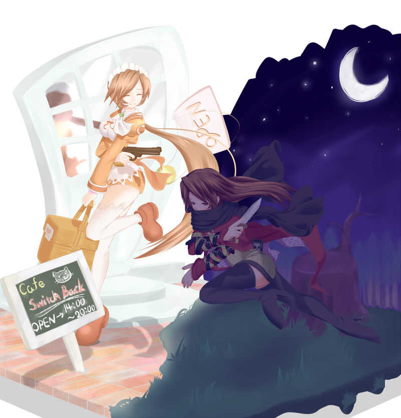 walkalone, hazel (summon night), paffel, summon night, summon night 2, summon night 3, 2girls, basket, black thighhighs, brown hair, crescent moon, dual persona, leg lift, long hair, maid, moon, multiple girls, night, ninja, orange shirt, ponytail, shirt, star (symbol), sword, thighhighs, very long hair, weapon, white thighhighs, zettai ryouiki