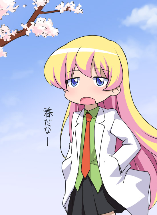 youkan, rebecca miyamoto, pani poni dash!, translated, 00s, 1girl, blonde hair, blue eyes, cherry blossoms, child, day, female focus, lab coat, long hair, necktie, sky, solo, very long hair