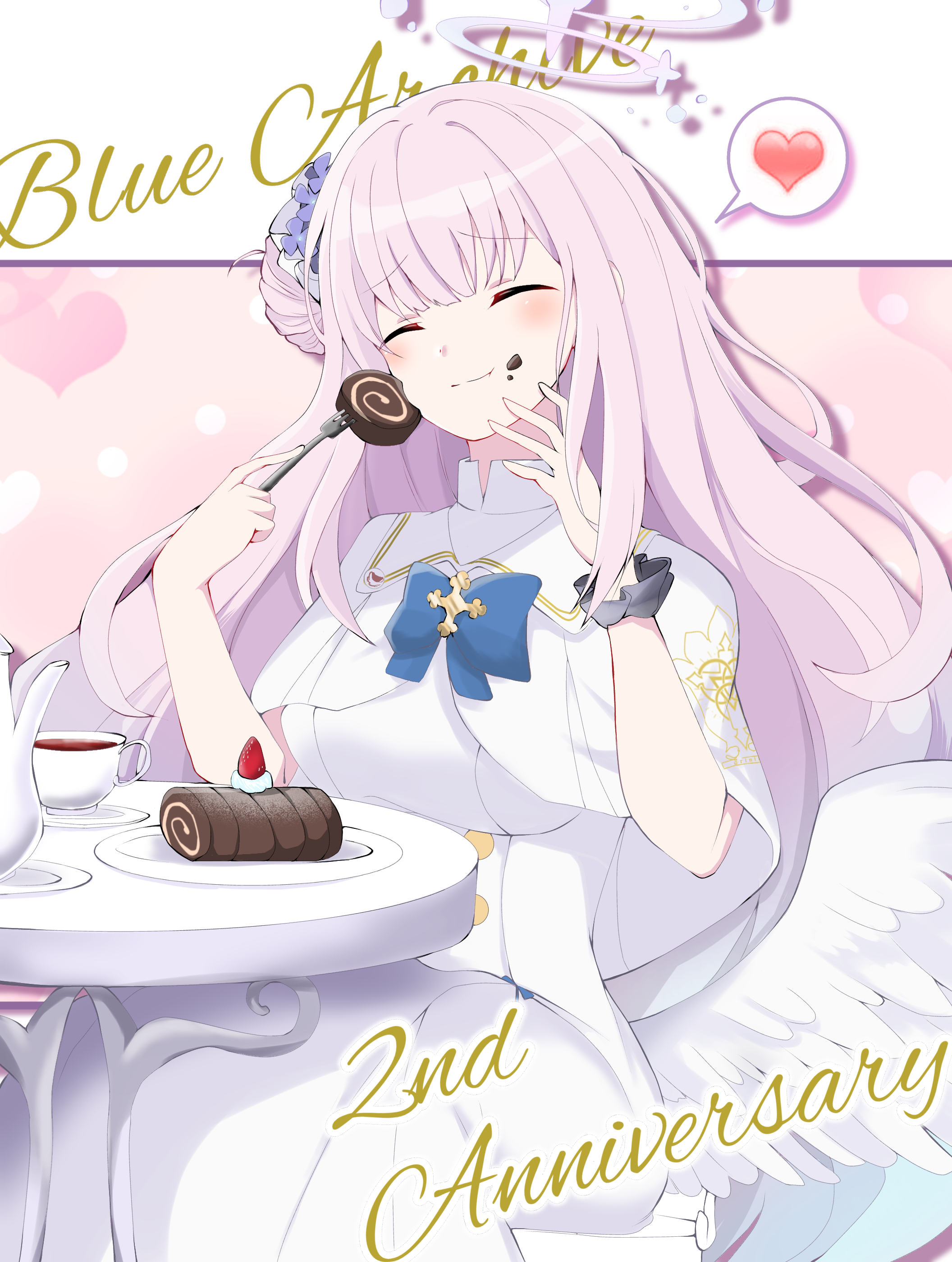 mika (blue archive), blue archive, absurdres, highres, 1girl, blue bow, blush, bow, breasts, buttons, cake, capelet, chocolate, closed eyes, closed mouth, cup, darapapapapa18, dessert, double-breasted, dress, eating, flower, food, fork, gold trim, hair flower, hair ornament, halo, happy anniversary, holding, holding fork, medium breasts, pink hair, pink halo, plate, scrunchie, smile, solo, swiss roll, teacup, teapot, white capelet, white dress, wrist scrunchie