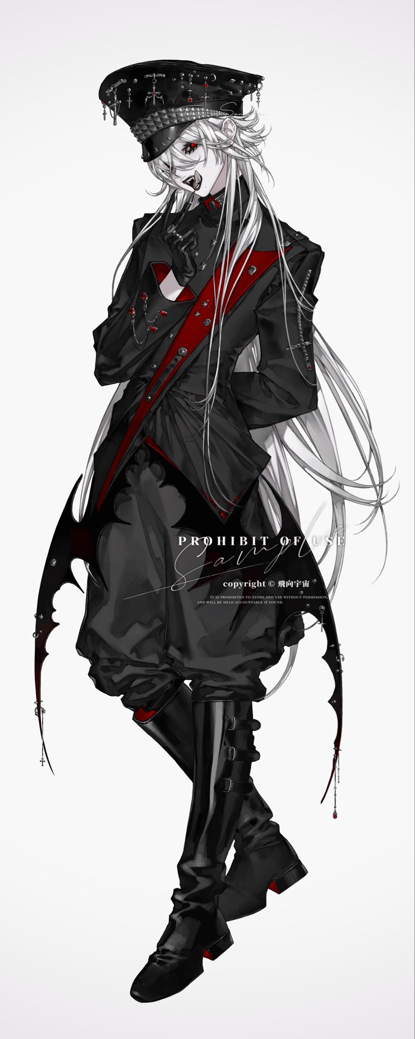 yeegico, original, highres, 1girl, arm behind back, bat wings, black boots, black gloves, black hat, boots, fangs, full body, gloves, hat, high heel boots, high heels, jacket, knee boots, long hair, long sleeves, looking at viewer, military combat uniform, military hat, military jacket, military uniform, open mouth, peaked cap, red eyes, solo, white hair, wings