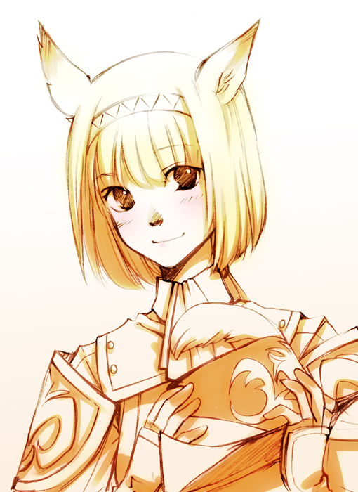 takatsuki kahiro, mithra (ff11), red mage (final fantasy), final fantasy, final fantasy xi, 00s, 1girl, animal ears, armor, cat ears, cat girl, cat tail, female focus, gradient background, short hair, solo, tail