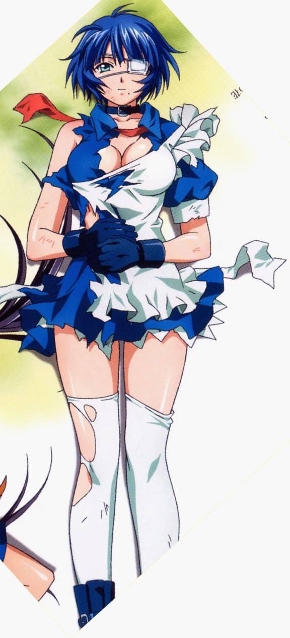 ryomou shimei, ikkitousen, highres, 00s, 1girl, blue hair, breasts, cleavage, eyepatch, female focus, gloves, green eyes, large breasts, maid, solo, thighhighs, torn clothes