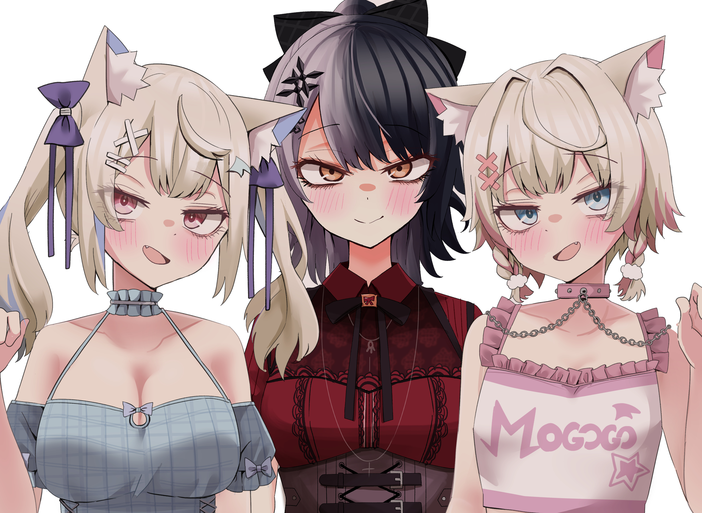 natsume mina, fuwawa abyssgard, fuwawa abyssgard (casual), mococo abyssgard, mococo abyssgard (casual), shiori novella, shiori novella (casual), hololive, hololive english, hashtag-only commentary, highres, 3girls, animal ear fluff, animal ears, bare shoulders, black corset, black hair, black ribbon, blonde hair, blue camisole, blue eyes, blue hair, blush, bow, braid, breasts, camisole, chain, closed mouth, collar, collared dress, corset, dog ears, dog girl, dress, fang, frilled camisole, frills, grey hair, hair bow, hair ornament, hand up, large breasts, looking at viewer, low twin braids, multicolored hair, multiple girls, neck ribbon, official alternate costume, open mouth, pink collar, pink eyes, pink hair, plaid camisole, purple bow, red dress, ribbon, short hair, siblings, simple background, sisters, smile, split-color hair, streaked hair, twin braids, twins, twintails, two-tone hair, upper body, virtual youtuber, white background, white camisole, x hair ornament, yellow eyes