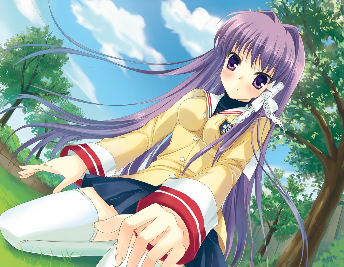 ameto yuki, fujibayashi kyou, clannad, bad id, bad pixiv id, 00s, blush, from below, hair ribbon, long hair, ribbon, school uniform, solo, thighhighs, very long hair