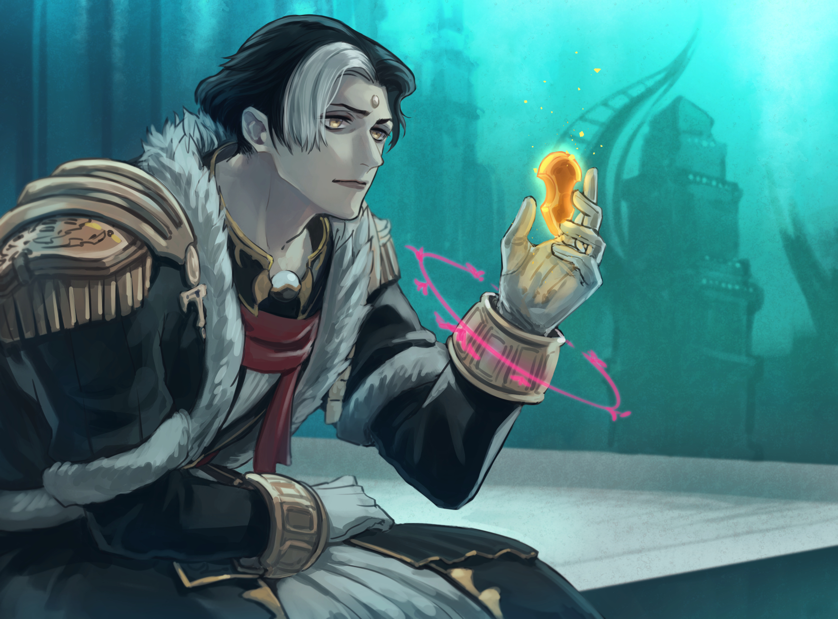 mongu (kprs ff), emet-selch, final fantasy, final fantasy xiv, highres, 1boy, black hair, black jacket, closed mouth, coat, epaulettes, facial mark, forehead mark, fur-trimmed coat, fur trim, gloves, gold trim, jacket, leaning forward, male focus, multicolored hair, parted bangs, red scarf, scarf, short hair, sitting, solo, two-tone hair, white gloves, white hair, yellow eyes