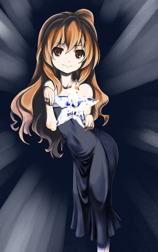 aisaka taiga, toradora!, non-web source, 00s, brown eyes, brown hair, dress, glowing, long hair, solo, star (symbol)