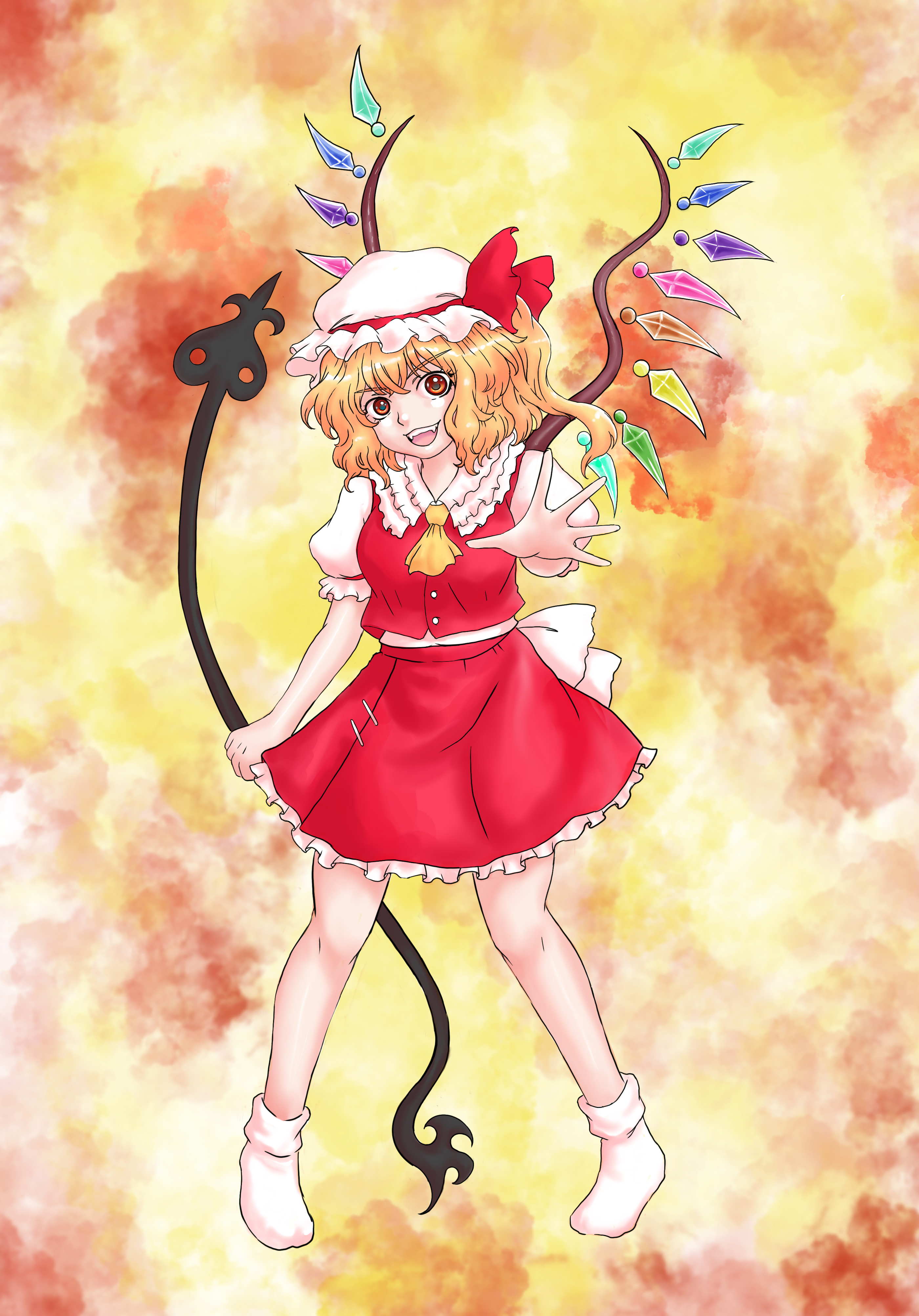 karasutomo, flandre scarlet, touhou, absurdres, highres, 1girl, ascot, blonde hair, bow, crystal, crystal wings, full body, hat, hat ribbon, laevatein (touhou), legs apart, looking at viewer, mob cap, multicolored wings, one side up, open mouth, puffy short sleeves, puffy sleeves, red eyes, red skirt, red vest, ribbon, shirt, short hair, short sleeves, side ponytail, skirt, skirt set, smile, solo, standing, vest, white hat, wings, yellow ascot, yellow background, zun (style), zun pose