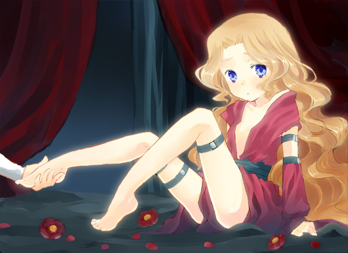 ecocube, eka eri, nunnally vi britannia, code geass, bad id, bad pixiv id, 00s, 1girl, barefoot, bed, blue eyes, brown hair, detached sleeves, feet, flat chest, flower, holding another's foot, long hair, sitting, solo focus, toes