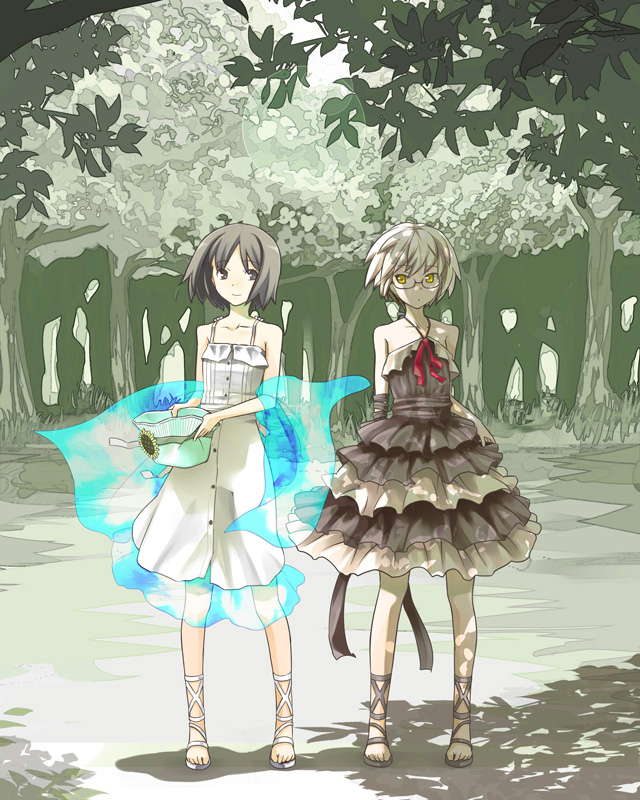 nazo kichi, original, 2girls, ankle lace-up, black eyes, black hair, dress, flat chest, forest, frills, glasses, hat, holding, holding unworn clothes, holding unworn hat, multiple girls, nature, sandals, short hair, smile, tree, tree shade, unworn hat, unworn headwear, white hair, yellow eyes