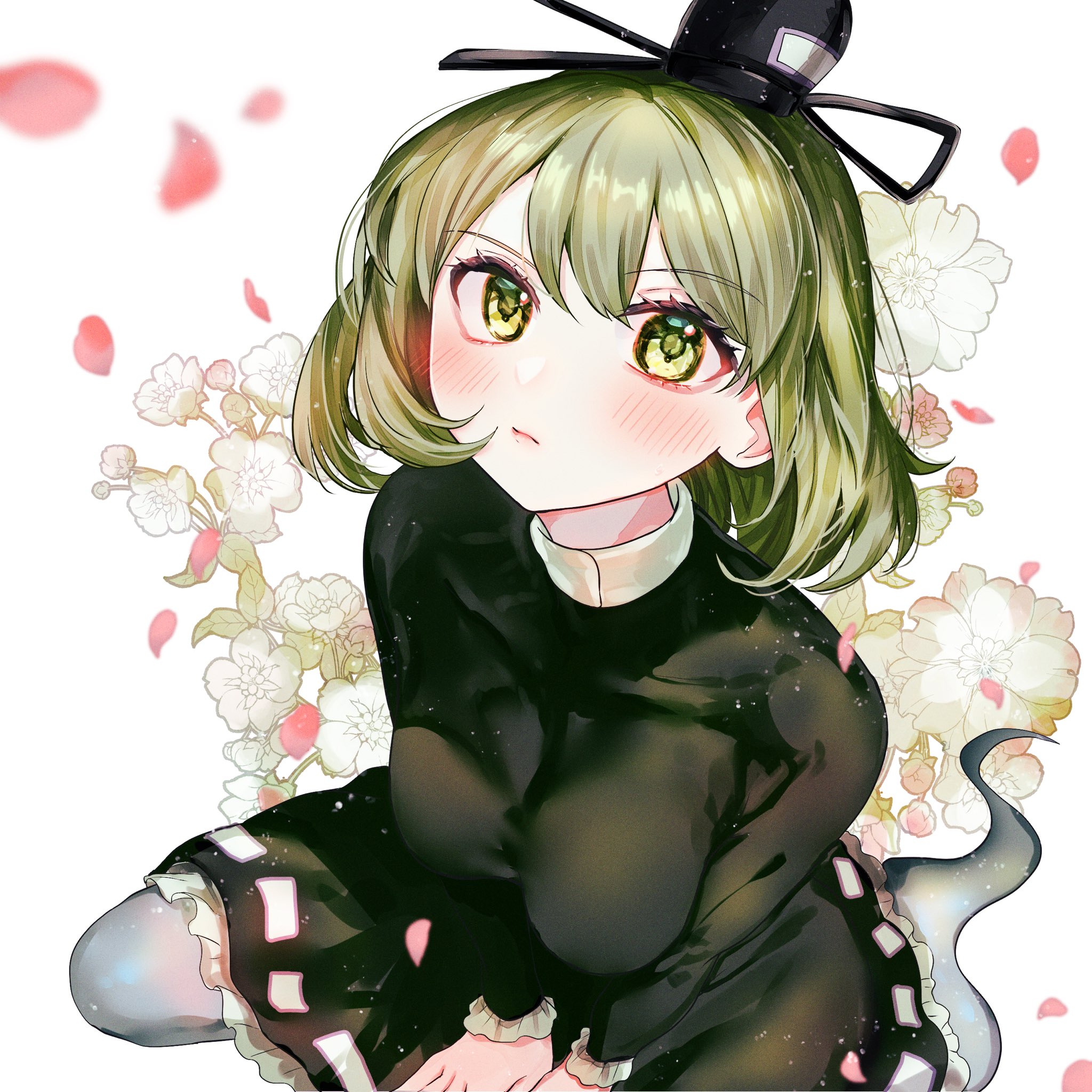 itsumizu, soga no tojiko, touhou, commentary request, highres, 1girl, black hat, blush, breasts, closed mouth, dress, floral background, flower, frills, ghost tail, green dress, green eyes, green hair, hair between eyes, hat, leaf, long sleeves, looking at viewer, looking up, medium breasts, ofuda, ofuda on clothes, petals, seiza, short hair, sitting, solo, tate eboshi, white background, white flower
