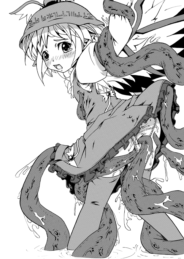 marujin, mystia lorelei, touhou, 1girl, animal ears, blush, female focus, greyscale, hat, loli, monochrome, open mouth, panties, short hair, solo, tears, tentacles, thighhighs, underwear, wings