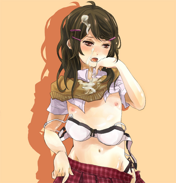 sakuragi kei, bad id, bad pixiv id, 1girl, blush, bra, bra pull, brown eyes, brown hair, clothes lift, clothes pull, cum, cum on body, cum on clothes, cum on hair, facial, female focus, flat chest, hair ornament, hairclip, lingerie, long hair, navel, nipples, open mouth, panties, school uniform, shirt lift, side-tie panties, simple background, solo, standing, underwear