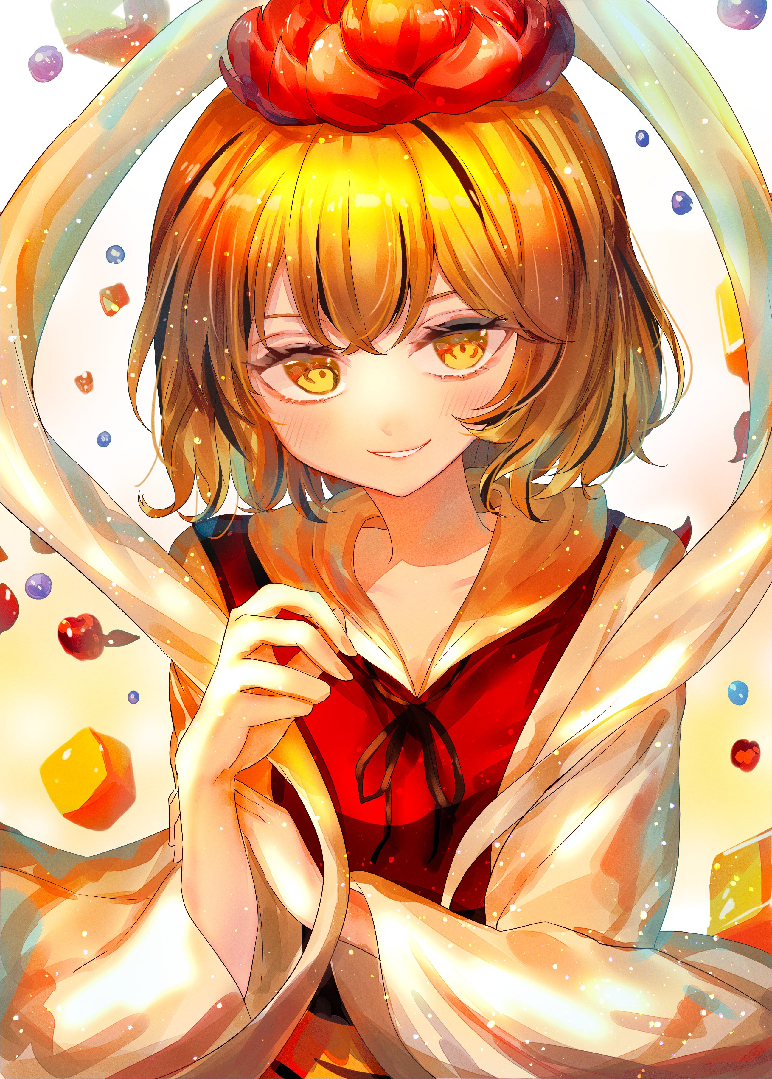 itsumizu, toramaru shou, touhou, absurdres, highres, 1girl, animal print, black hair, black ribbon, blonde hair, blush, candy, crossed bangs, dress, food, gradient background, hair between eyes, headpiece, long sleeves, looking at viewer, multicolored hair, neck ribbon, red dress, ribbon, shawl, shirt, short hair, smile, solo, standing, streaked hair, teeth, tiger print, two-tone background, upper body, white background, white hood, white shirt, wide sleeves, yellow background, yellow eyes