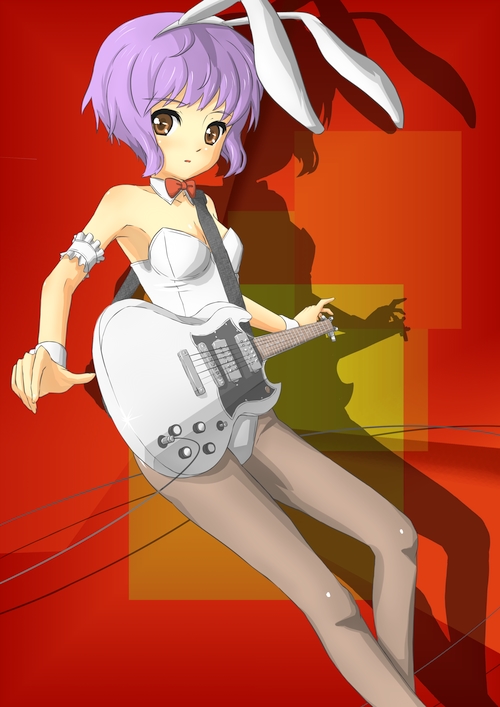 touboku, nagato yuki, suzumiya haruhi no yuuutsu, bad id, bad pixiv id, 00s, 1girl, animal ears, brown eyes, electric guitar, fake animal ears, female focus, guitar, instrument, pantyhose, playboy bunny, purple hair, rabbit ears, short hair, solo