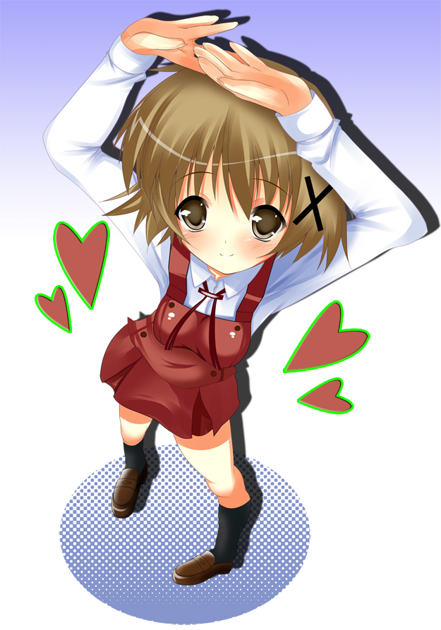 taigi akira, yuno (hidamari sketch), hidamari sketch, 00s, 1girl, brown eyes, brown hair, female focus, foreshortening, from above, full body, gradient background, hands up, heart, looking at viewer, school uniform, short hair, smile, solo, yamabuki high school uniform