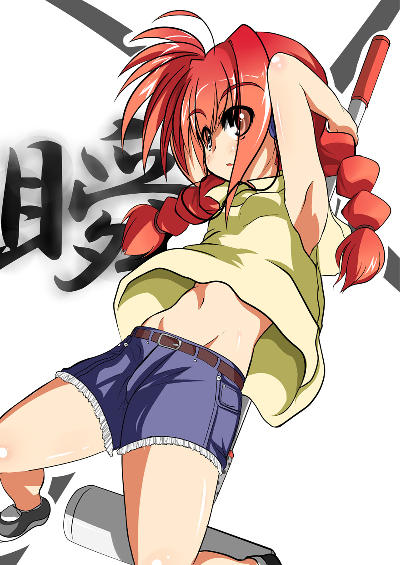 shi ecchi, graf eisen, vita (nanoha), lyrical nanoha, mahou shoujo lyrical nanoha, mahou shoujo lyrical nanoha a's, 00s, ahoge, armpits, arms up, belt, blue eyes, braid, child, long hair, midriff, navel, red hair, shorts, solo, twin braids
