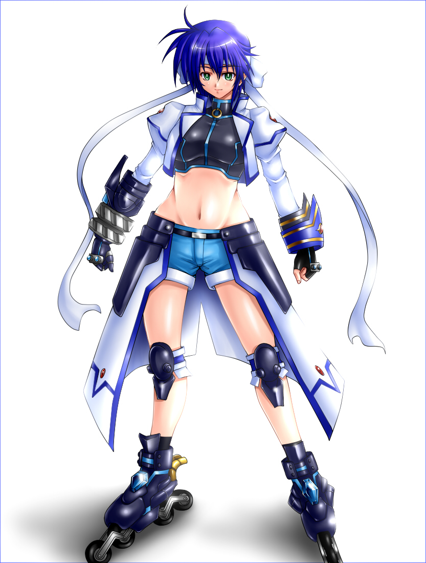 gao (artist), gao (naodayo), mach caliber, revolver knuckle, subaru nakajima, lyrical nanoha, mahou shoujo lyrical nanoha, mahou shoujo lyrical nanoha strikers, 00s, armor, blue hair, denim, denim shorts, fingerless gloves, gloves, green eyes, headband, hip focus, inline skates, jacket, knee pads, midriff, navel, roller skates, short hair, short shorts, shorts, simple background, skates, solo, wide hips
