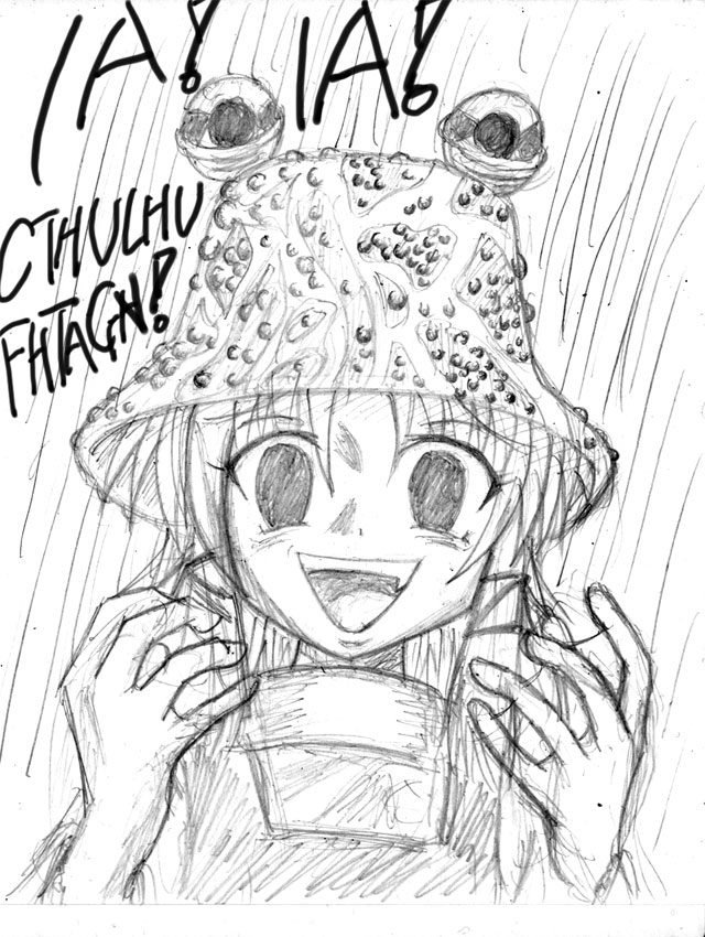 mizunagi kry, cthulhu, moriya suwako, pyonta, cthulhu mythos, touhou, bad id, bad pixiv id, 1girl, empty eyes, female focus, greyscale, hat, monochrome, parody, solo